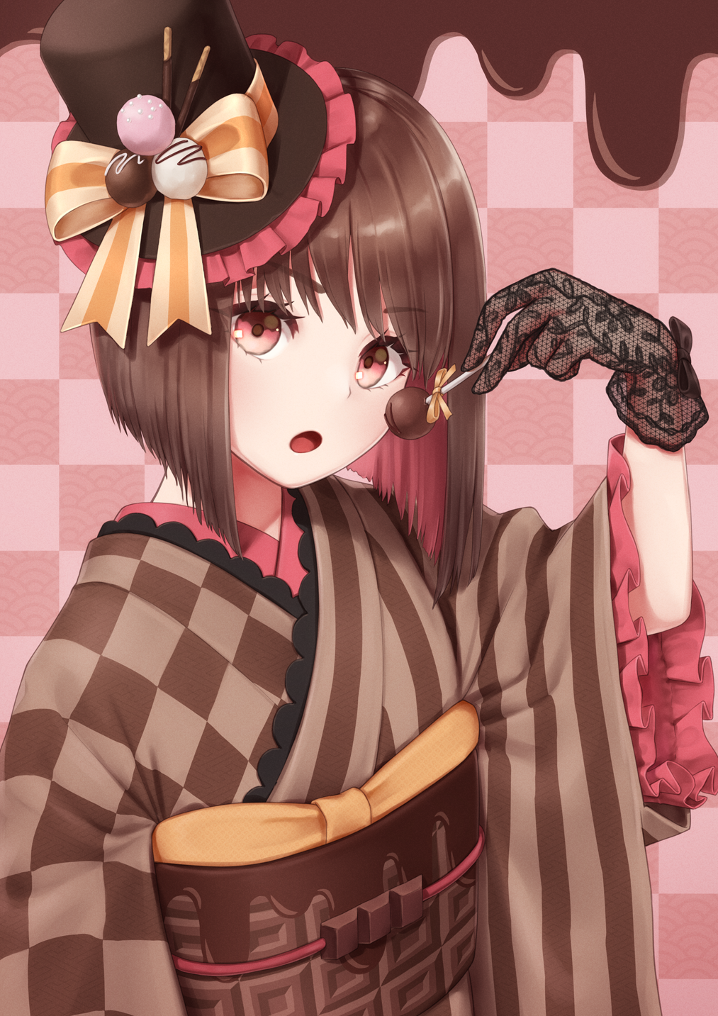 1girl :o bangs black_headwear bow brown_hair brown_kimono brown_sash checkered checkered_background checkered_kimono commentary_request eyebrows_visible_through_hair food frilled_sleeves frills gloves hand_up hat hat_bow highres holding holding_food japanese_clothes kimono long_sleeves looking_at_viewer obi open_mouth original pink_background pink_eyes pocky sash short_hair solo striped striped_kimono top_hat torinari_(dtvisu) upper_body valentine wide_sleeves yellow_bow