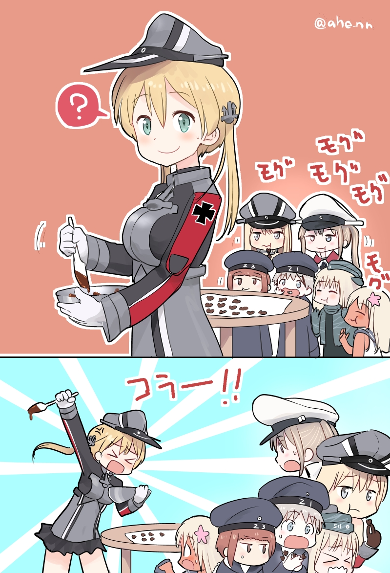 &gt;_&lt; 6+girls :t ahenn anchor_hair_ornament anger_vein aqua_eyes bismarck_(kantai_collection) blonde_hair blue_eyes bowl brown_eyes brown_hair candy chocolate chocolate_heart clothes_writing commentary_request cooking cropped_jacket eating flower food garrison_cap gloves graf_zeppelin_(kantai_collection) grey_eyes hair_between_eyes hair_flower hair_ornament hat heart holding holding_food iron_cross kantai_collection long_hair low_twintails military military_hat military_uniform mixing_bowl multiple_girls peaked_cap prinz_eugen_(kantai_collection) ro-500_(kantai_collection) sailor_hat short_hair sidelocks silver_hair spatula sweatdrop table tan twintails twitter_username u-511_(kantai_collection) uniform wavy_mouth white_gloves z1_leberecht_maass_(kantai_collection) z3_max_schultz_(kantai_collection)