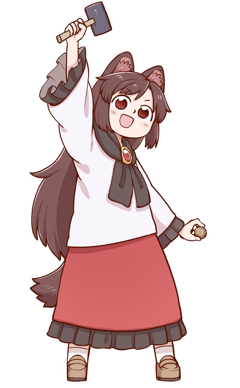 1girl :d animal_ear_fluff animal_ears bangs black_scarf blouse blush brown_eyes brown_footwear brown_hair eyebrows_visible_through_hair full_body gem hand_up highres holding holding_hammer imaizumi_kagerou loafers long_hair long_sleeves looking_at_viewer open_mouth poronegi red_eyes red_skirt scarf shoes simple_background skirt smile socks solo standing tail touhou very_long_hair white_background white_blouse white_legwear wide_sleeves wolf_ears wolf_tail younger