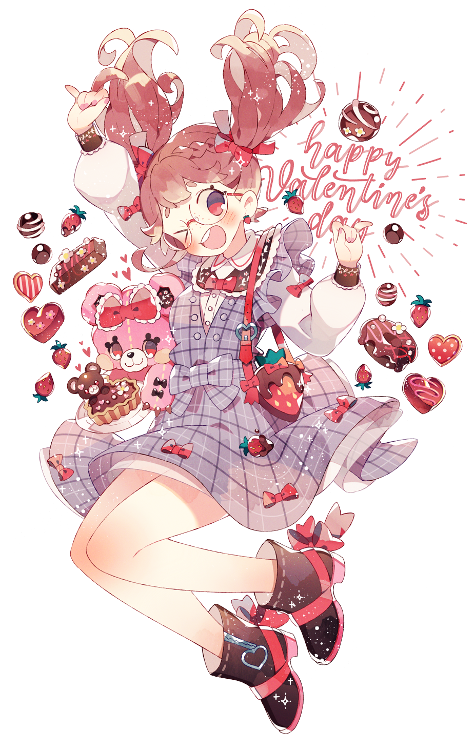 1girl ;d arm_up bangs black_footwear blue_dress boots bow bowtie braid brown_hair chocolate collared_shirt commentary_request doughnut dress earrings food food_themed_bag food_themed_earrings freckles frills fruit full_body glasses grey_dress hair_ribbon hand_up happy_valentine heart highres jewelry jumping long_hair long_sleeves looking_at_viewer one_eye_closed open_mouth original pink_nails pinky_out plaid plaid_dress plate red_bow red_eyes red_neckwear red_ribbon ribbon rimless_eyewear round_eyewear shirt smile solo strawberry strawberry_earrings stuffed_animal stuffed_toy tart_(food) teddy_bear twintails valentine wakanagi_eku white_shirt