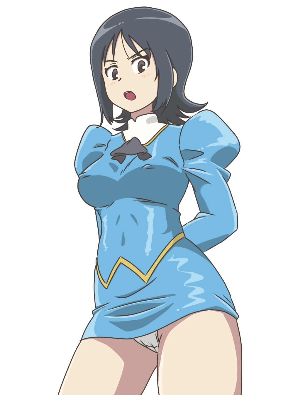 1girl agent_aika aika_(series) arms_behind_back bangs black_hair black_neckwear blue_delmo blue_jacket blue_skirt blush breasts brown_eyes commentary_request covered_navel covered_nipples cravat crotch_seam delmogeny_uniform highres jacket juliet_sleeves long_sleeves looking_at_viewer medium_breasts open_mouth panties pantyshot pantyshot_(standing) pencil_skirt puffy_sleeves short_hair skirt solo standing underwear user_egtf2383 waitress_delmo white_background white_panties