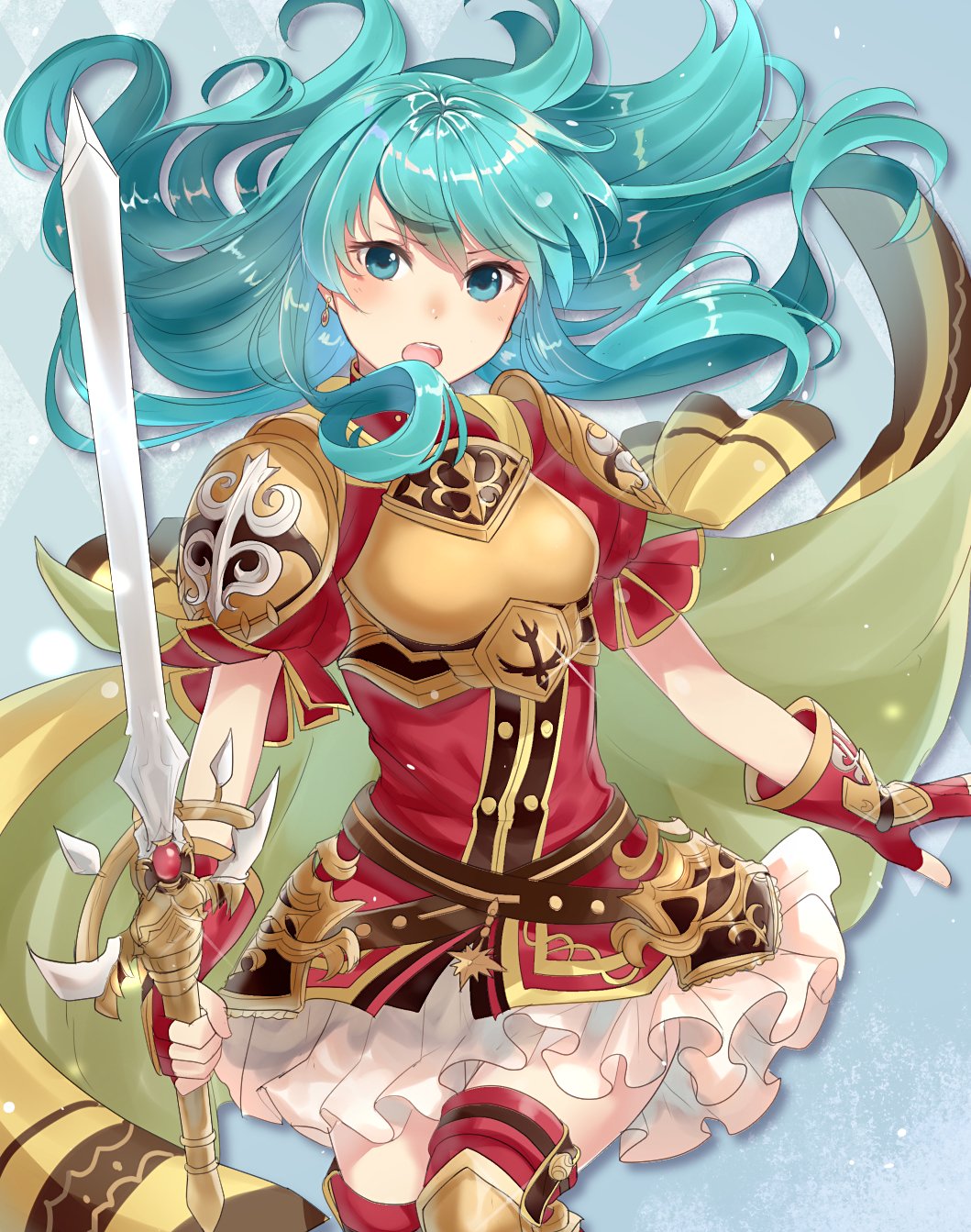 1girl :o aqua_eyes aqua_hair armor blue_background boots breastplate earrings eirika_(fire_emblem) fingerless_gloves fire_emblem fire_emblem:_seima_no_kouseki fire_emblem:_the_sacred_stones fire_emblem_8 gloves haru_(nakajou-28) highres holding holding_sword holding_weapon intelligent_systems jewelry long_hair nintendo red_gloves red_legwear simple_background skirt solo sword teeth thigh-highs thigh_boots weapon white_skirt zettai_ryouiki