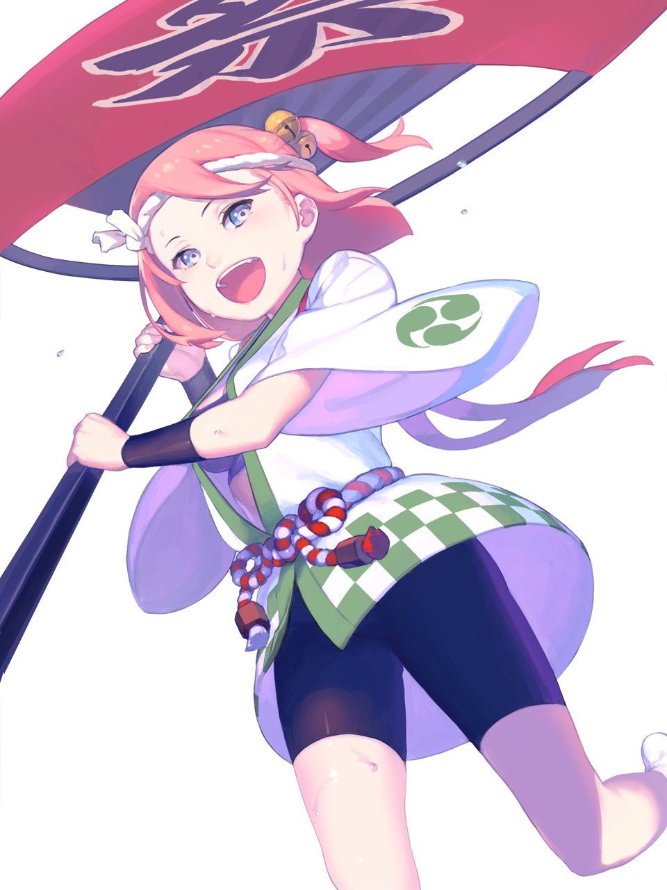 1girl :d bell bike_shorts blue_eyes bra breasts dutch_angle feet_out_of_frame flag hair_between_eyes haori headband highres hisho_collection holding holding_flag japanese_clothes jingle_bell looking_at_viewer medium_breasts nagisa_kurousagi one_side_up open_mouth pink_hair sash short_sleeves simple_background smile socks solo standing tassel underwear white_background white_legwear wide_sleeves wristband