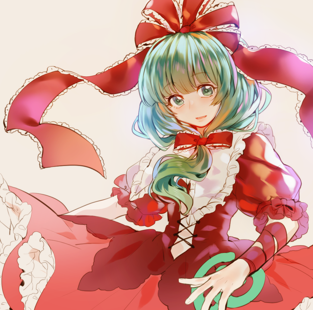 1girl arm_ribbon bow dress frilled_ribbon frills front_ponytail green_eyes green_hair hair_bow hair_ribbon here_(hr_rz_ggg) kagiyama_hina looking_at_viewer red_dress red_ribbon red_skirt ribbon simple_background skirt solo touhou