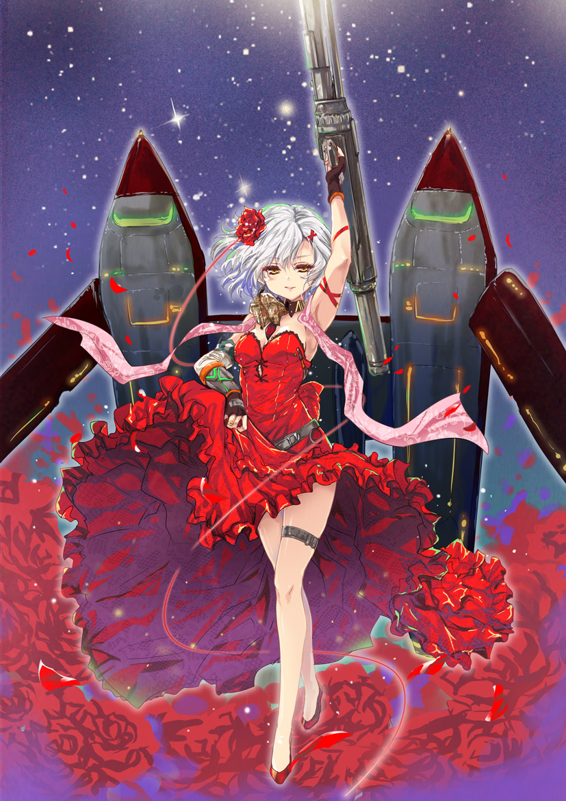 1girl arm_ribbon arm_up ash_arms belt black_belt black_gloves breasts cannon closed_mouth commentary_request detached_collar dress fingerless_gloves flower frilled_dress frills full_body gloves gun hair_flower hair_ornament half-closed_eyes holding holding_gun holding_weapon long_dress looking_at_viewer mecha medium_breasts night night_sky pe-2_(ash_arms) red_dress red_flower red_footwear red_rose ribbon rose shoes short_hair silver_hair skirt_hold sky smile solo standing star_(sky) starry_sky stole strapless strapless_dress thigh_strap tougarashi_hideyu weapon yellow_eyes