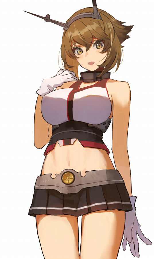 1girl bare_shoulders blush breasts brown_hair eyebrows_visible_through_hair gloves hairband headgear kantai_collection large_breasts looking_at_viewer mutsu_(kantai_collection) navel open_mouth radio_antenna short_hair simple_background skirt smile solo suzuka_(suzuka9111) white_background white_gloves