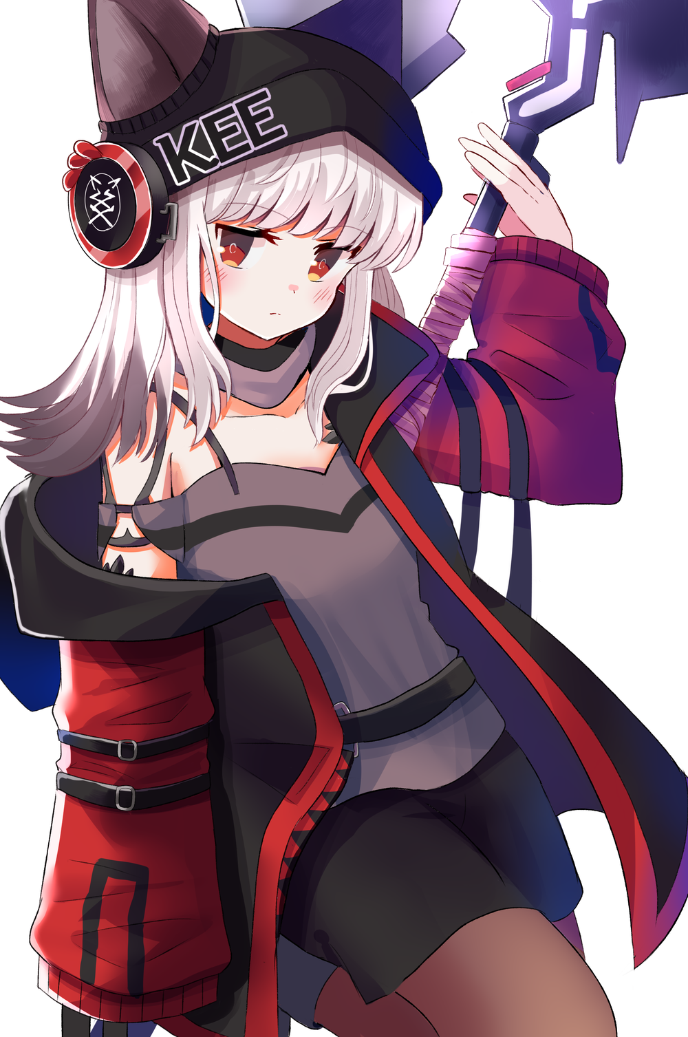 1girl arknights beanie black_headwear coat ears_through_headwear eyebrows_visible_through_hair frostleaf_(arknights) grey_shirt halberd hat headphones highres hooded_coat jacket looking_at_viewer mizuki_(lvo0x0ovl) open_clothes open_coat polearm red_coat red_eyes red_jacket shirt solo weapon white_hair