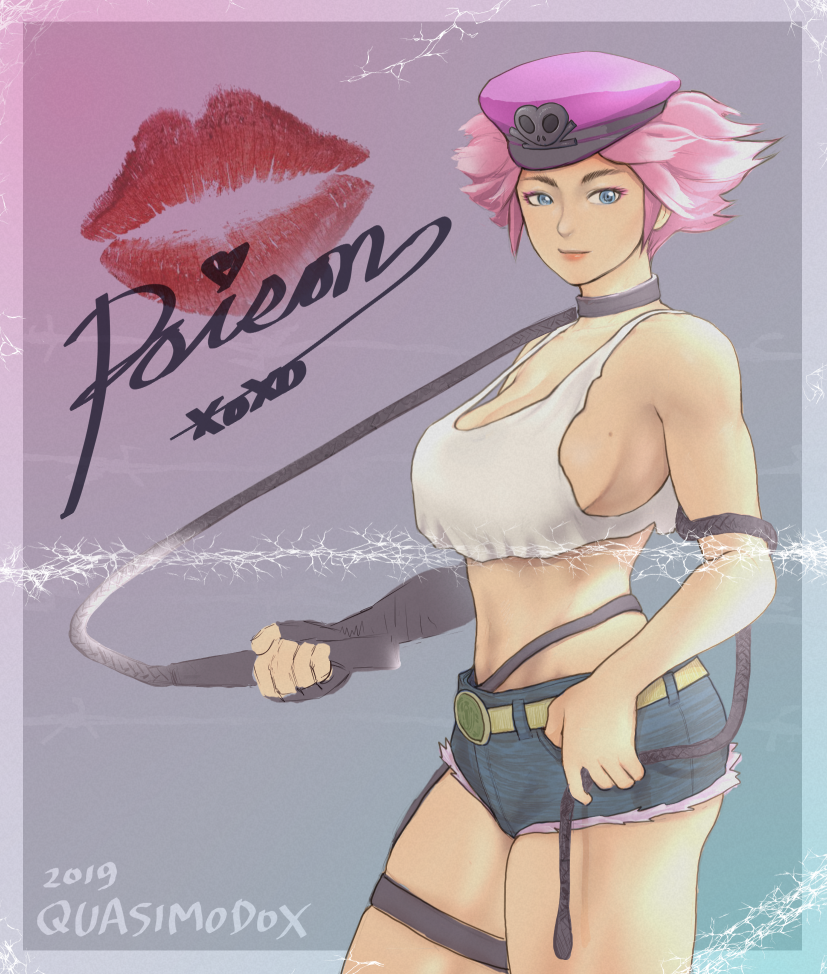 1girl black_choker black_gloves blue_eyes blue_shorts breasts character_signature choker crop_top cutoffs denim denim_shorts elbow_gloves final_fight fingerless_gloves gloves hat holding holding_weapon holding_whip large_breasts lipstick_mark mole mole_on_breast no_bra peaked_cap photo_(object) pink_eyeshadow poison_(final_fight) purple_headwear quasimodox short_hair shorts sideboob single_elbow_glove single_fingerless_glove single_garter solo standing strap_gap street_fighter street_fighter_v thighs weapon whip