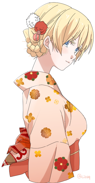 1girl bangs blonde_hair blue_eyes braid closed_mouth commentary cropped_torso darjeeling_(girls_und_panzer) ei_(akinosakae) floral_print from_side girls_und_panzer hair_ornament japanese_clothes kimono light_smile looking_at_viewer obi pink_kimono print_kimono sash short_hair simple_background solo tied_hair twintails upper_body white_background