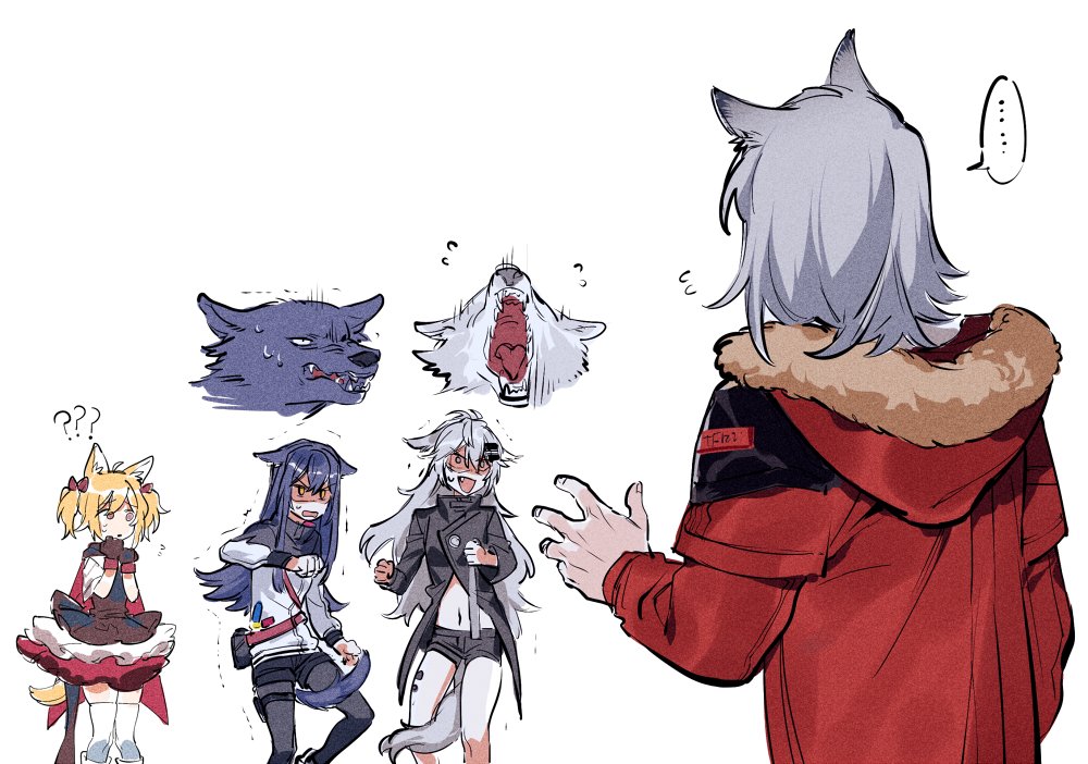 ... 4girls ?? animal_ears arknights black_hair black_legwear blonde_hair clenched_hands flying_sweatdrops gloves grey_hair hood hooded_jacket jacket lappland_(arknights) long_hair multiple_girls navel projekt_red_(arknights) shorts silver_hair simple_background sora_(arknights) spoken_ellipsis tail texas_(arknights) thigh-highs towtow_redoland trembling twintails white_background white_legwear