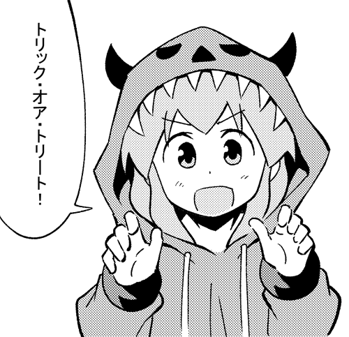 1girl :d anbe_masahiro bangs blush claw_pose dot_nose drawstring eyebrows_visible_through_hair fake_horns greyscale halftone halloween halloween_costume hands_up hood ikamusume long_sleeves looking_at_viewer lowres monochrome official_art open_mouth shinryaku!_ikamusume simple_background smile solo speech_bubble tareme translated trick_or_treat upper_body v-shaped_eyebrows white_background