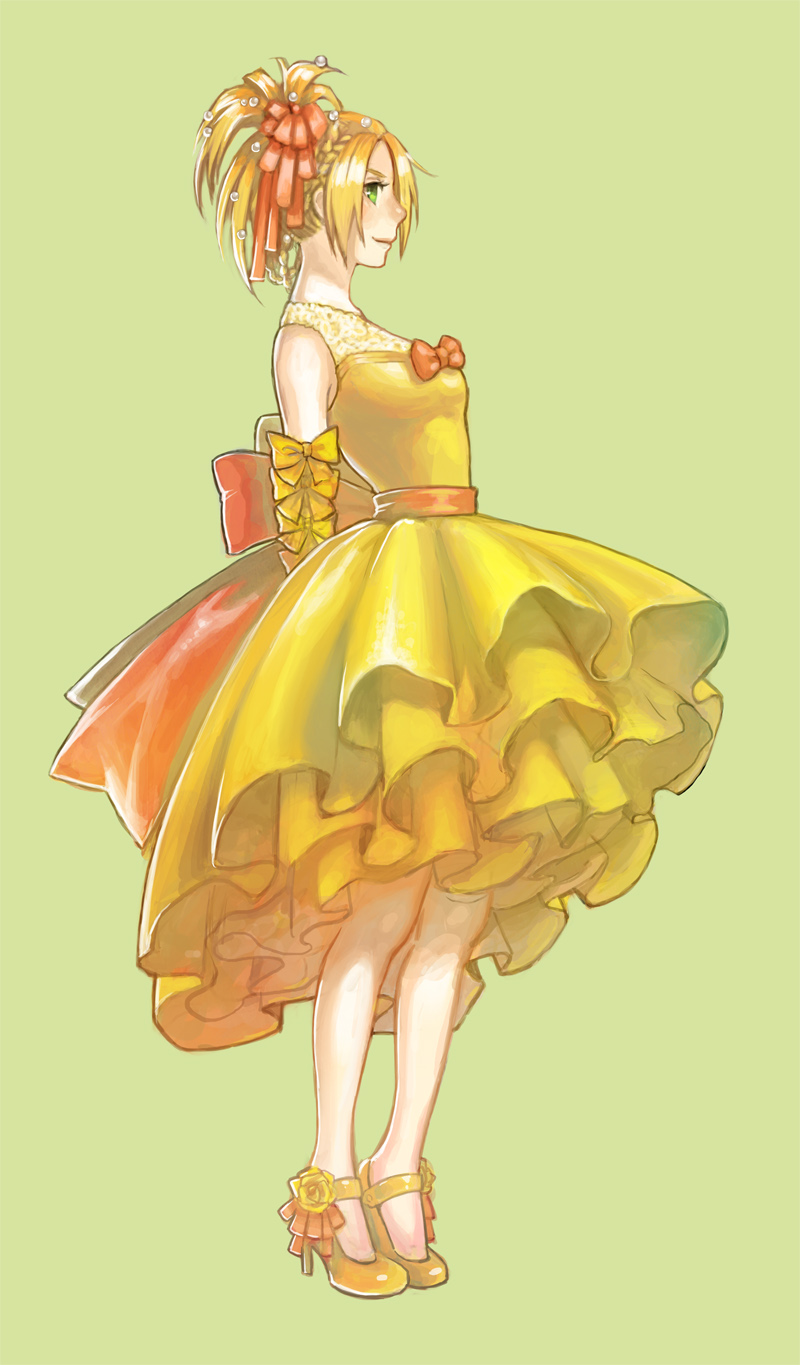 1girl blonde_hair breasts closed_mouth dress final_fantasy final_fantasy_x frilled_dress frills full_body green_eyes hair_up highres nexeee rikku short_hair simple_background sleeveless_dress smile solo standing yellow_bow yellow_dress