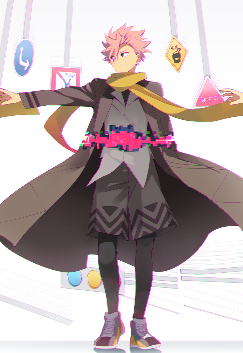 1boy black_legwear coat full_body grey_vest hair_between_eyes hands highres id_:invaded looking_to_the_side male_focus pink_hair road_sign scarf shoes sign sneakers spiky_hair standing takerusilt traffic_light vest white_background yellow_scarf