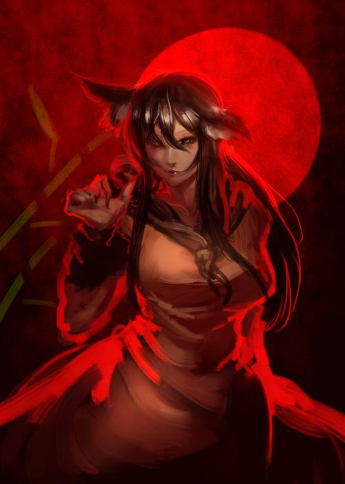 1girl animal_ears brown_eyes brown_hair claws closed_mouth hair_between_eyes hand_up heterochromia imaizumi_kagerou inishie_kumo long_hair moon red_eyes red_moon solo touhou werewolf wolf_ears