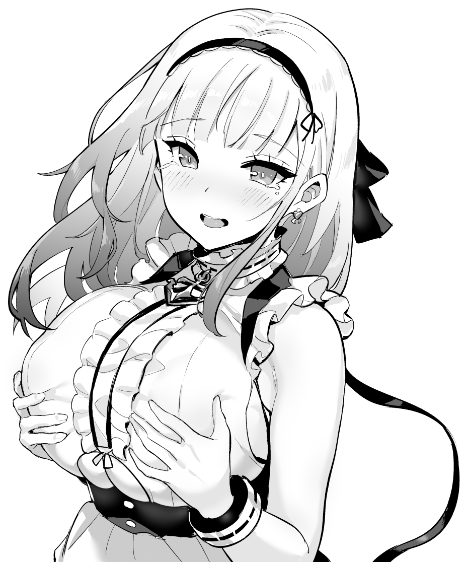 1girl :d anchor_choker apron azur_lane bangle bangs black_ribbon blush bracelet breasts commentary dido_(azur_lane) earrings eyebrows_visible_through_hair frills greyscale hair_ribbon hairband hands_on_own_breasts heart heart_earrings hori_(hori_no_su) jewelry large_breasts maid_headdress medium_hair monochrome open_mouth ribbon simple_background smile solo tears under_boob underboob_cutout upper_body waist_apron white_background white_hair