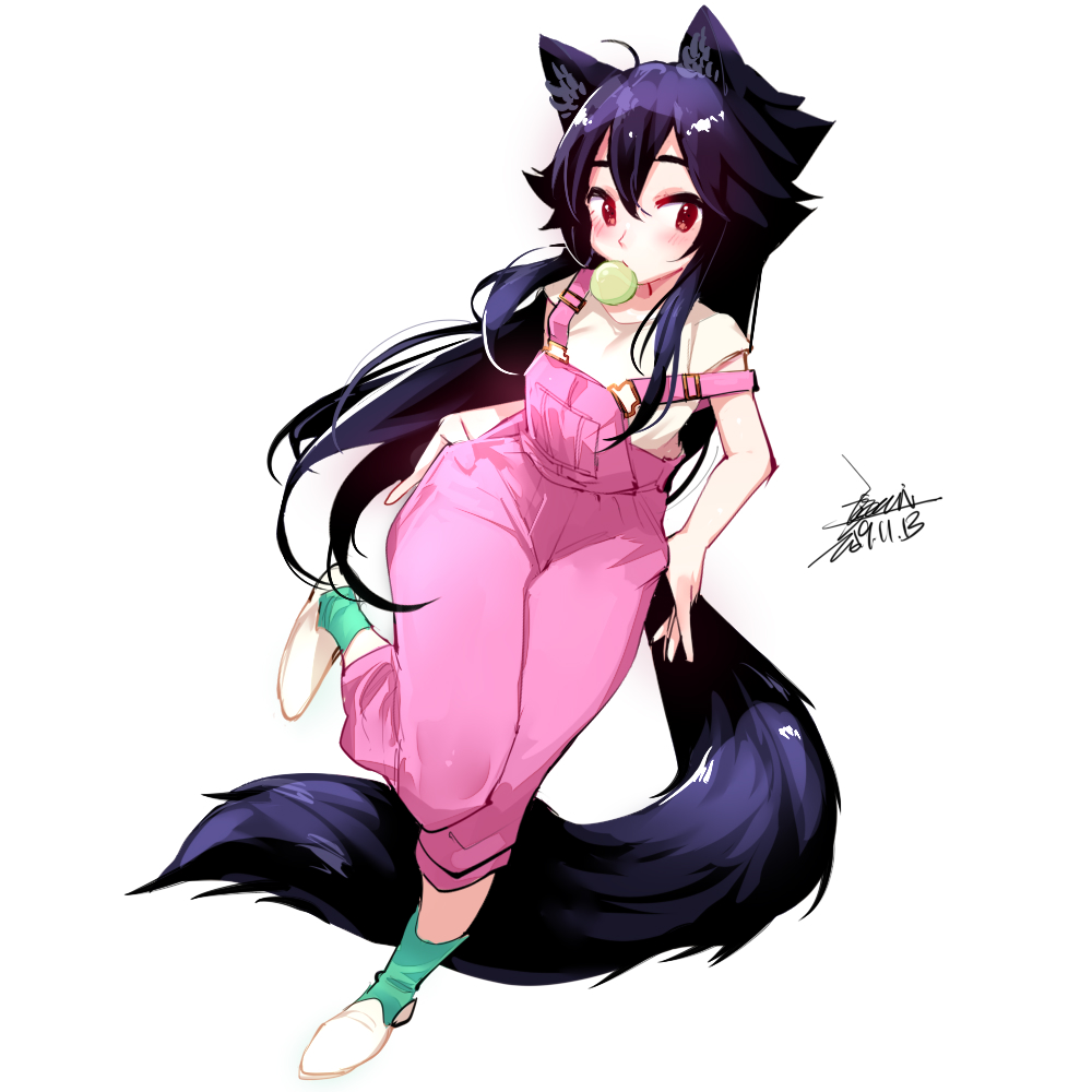 1girl animal_ears black_hair bubble_blowing chewing_gum dated ejami ekko_(ejami) fox_ears fox_girl fox_tail full_body long_hair off_shoulder original overalls pink_overalls red_eyes shirt signature tail very_long_hair