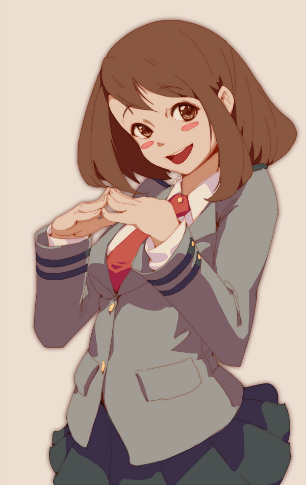 1girl blush blush_stickers boku_no_hero_academia brown_background brown_eyes brown_hair eyebrows_visible_through_hair hands_together necktie open_mouth red_neckwear school_uniform simple_background skirt smile sunligh_mao teeth tongue upper_teeth uraraka_ochako