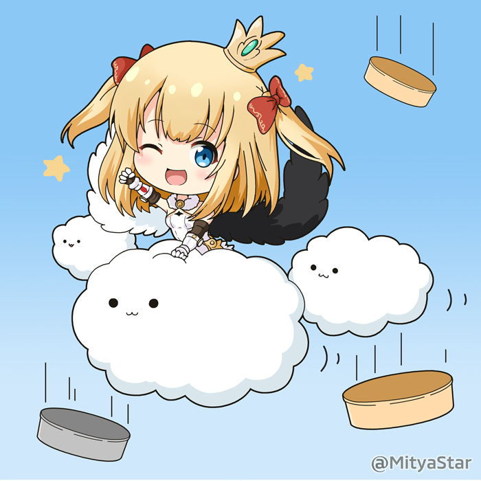 1girl :3 ;d bangs bare_shoulders black_wings blonde_hair blue_background blue_eyes blush bow breasts closed_mouth clouds commentary_request crown dress eyebrows_visible_through_hair feathered_wings fur_collar gauntlets hair_bow looking_at_viewer maaru_(shironeko_project) miicha mini_crown mismatched_wings one_eye_closed open_mouth red_bow shironeko_project sleeveless sleeveless_dress small_breasts smile solid_circle_eyes solo star tilted_headwear twitter_username two_side_up white_dress white_wings wings