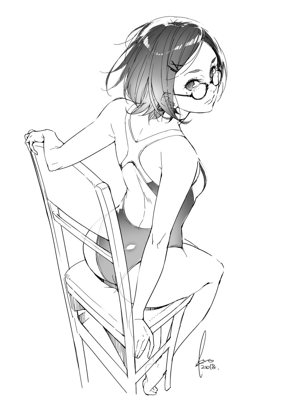 1girl back bare_shoulders chair closed_mouth dated glasses greyscale hair_ornament hairclip highres kyo_(kuroichigo) looking_back medium_hair mole monochrome original signature sitting solo swimsuit