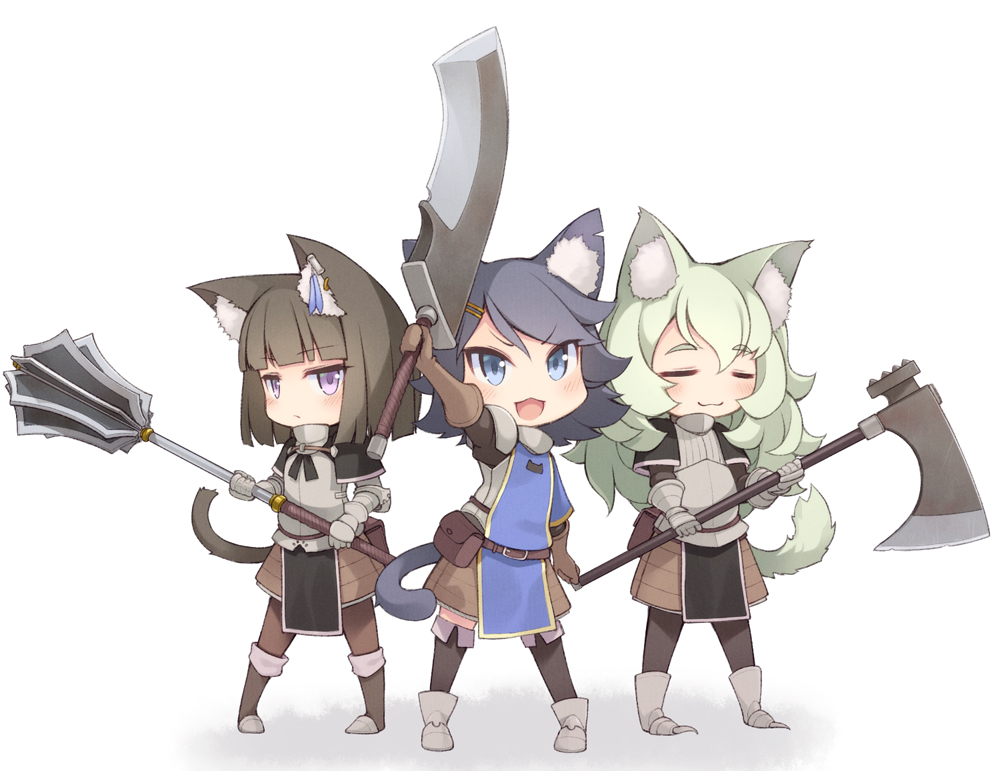 3girls :3 :d animal_ear_fluff animal_ears armor axe black_hair blue_eyes blush brown_gloves brown_hair cat_ears cat_tail chibi closed_eyes commentary_request full_body gloves green_hair hair_ornament hairclip long_hair looking_at_viewer mace mofu_namako multiple_girls open_mouth original short_hair simple_background smile standing sword tail violet_eyes weapon white_background