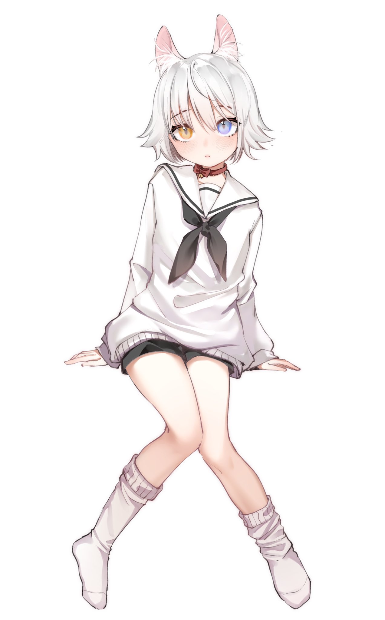 1boy animal_ear_fluff animal_ears bangs black_shorts blue_eyes commentary eyebrows_visible_through_hair full_body hair_between_eyes heterochromia highres looking_at_viewer neck_ribbon original otoko_no_ko personification photo-referenced red_ribbon ribbon sailor_collar short_hair shorts simple_background socks solo sunege_(hp0715) white_background white_hair white_legwear yellow_eyes