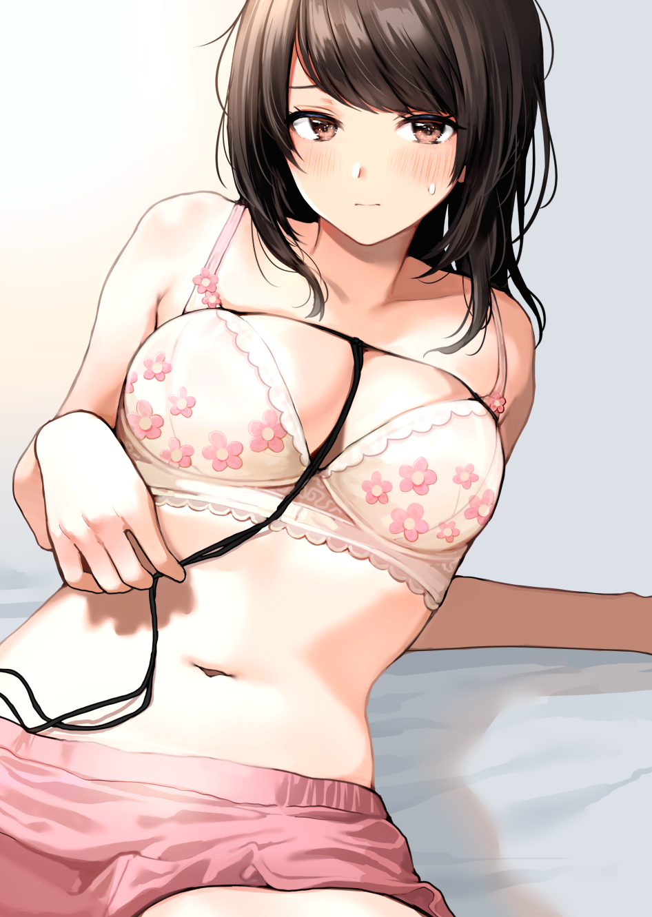 1girl bare_shoulders black_hair bra breasts brown_eyes closed_mouth commentary_request floral_print frown highres long_hair looking_at_viewer medium_breasts navel nishizawa original pink_shorts reclining short_shorts shorts skindentation solo stomach string sweatdrop underwear white_bra