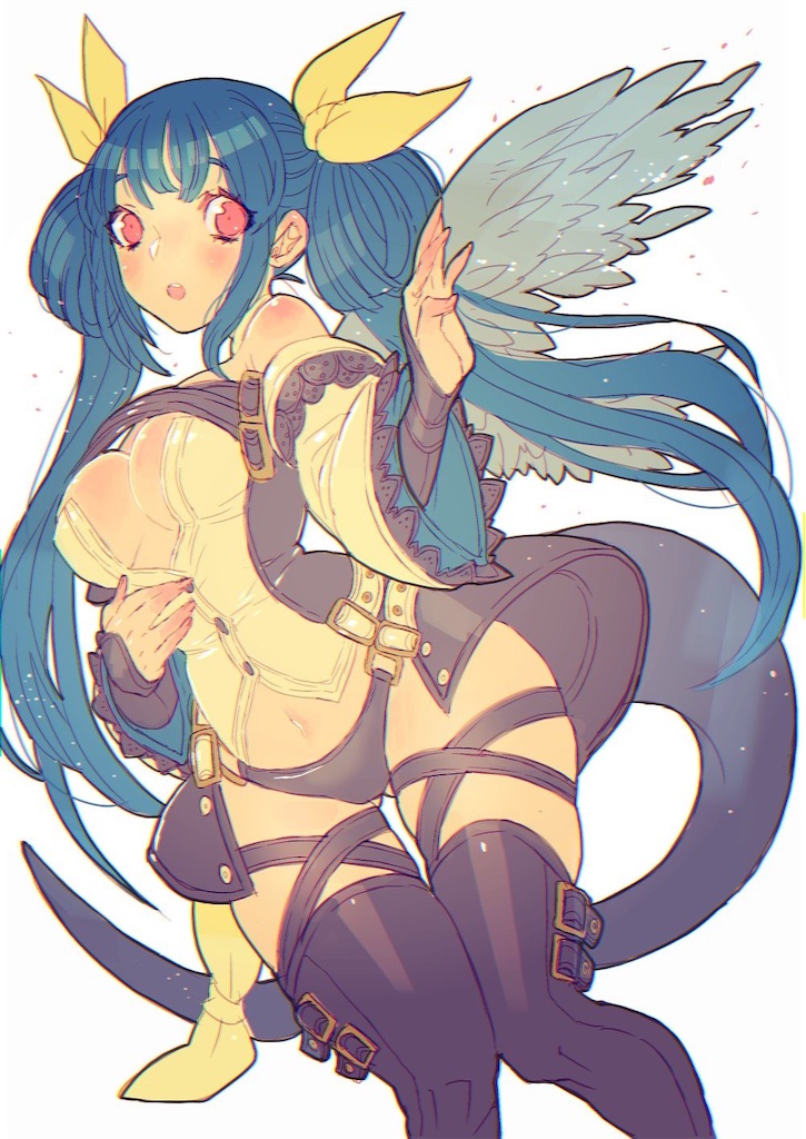 1girl blue_hair breasts commentary_request dizzy guilty_gear hair_ribbon long_hair looking_at_viewer navel red_eyes ribbon simple_background solo sutegoro tail thigh-highs white_background wings yohane_shimizu