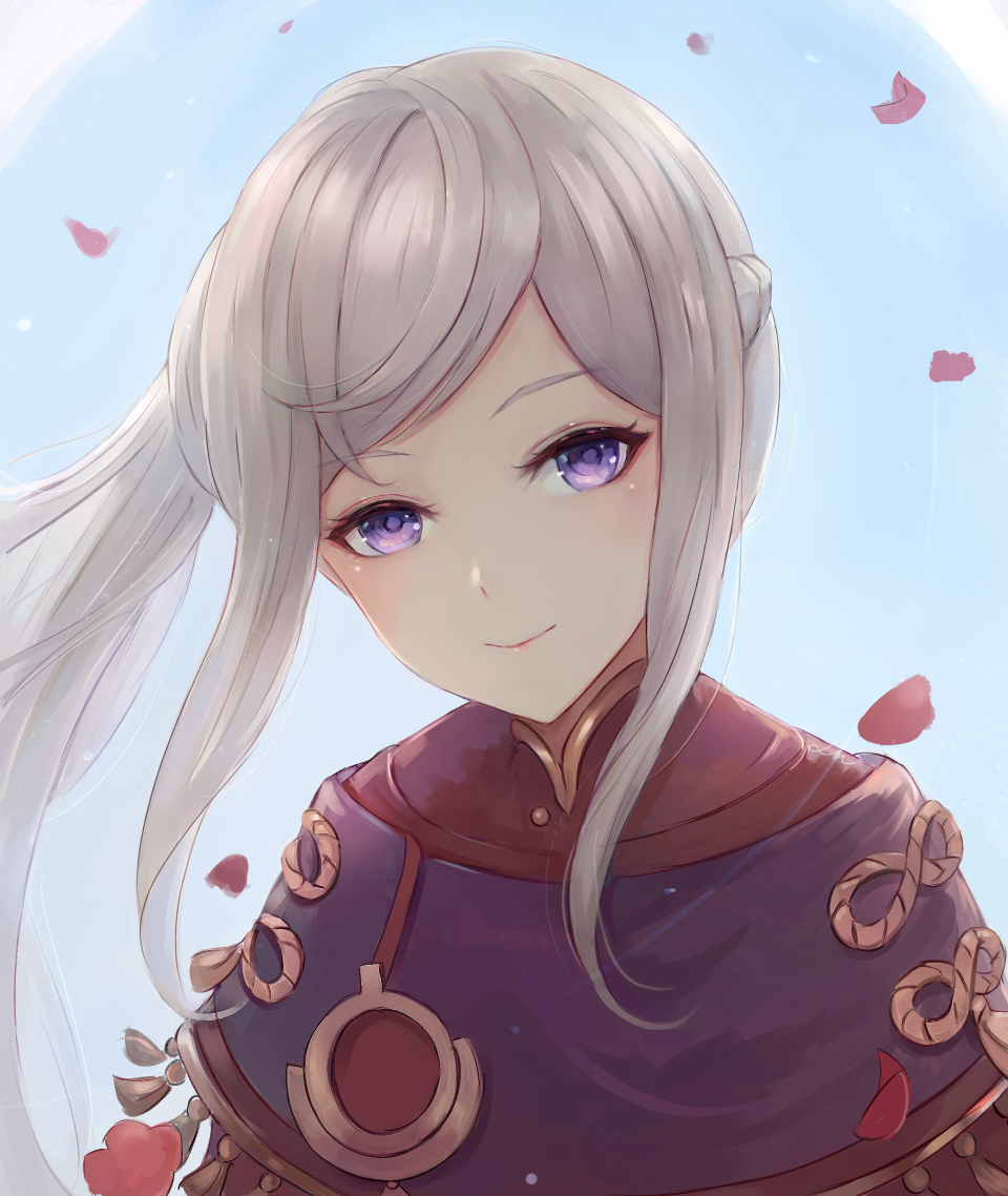 1girl bangs blue_background blush braid child closed_mouth cute edelgard_von_hresvelg eyebrows_visible_through_hair fire_emblem fire_emblem:_three_houses fire_emblem:_three_houses fire_emblem_16 girl intelligent_systems kid leonmandala looking_at_viewer moe nintendo petals ponytail purple_capelet sidelocks silver_hair smile solo swept_bangs tassel upper_body violet_eyes young younger