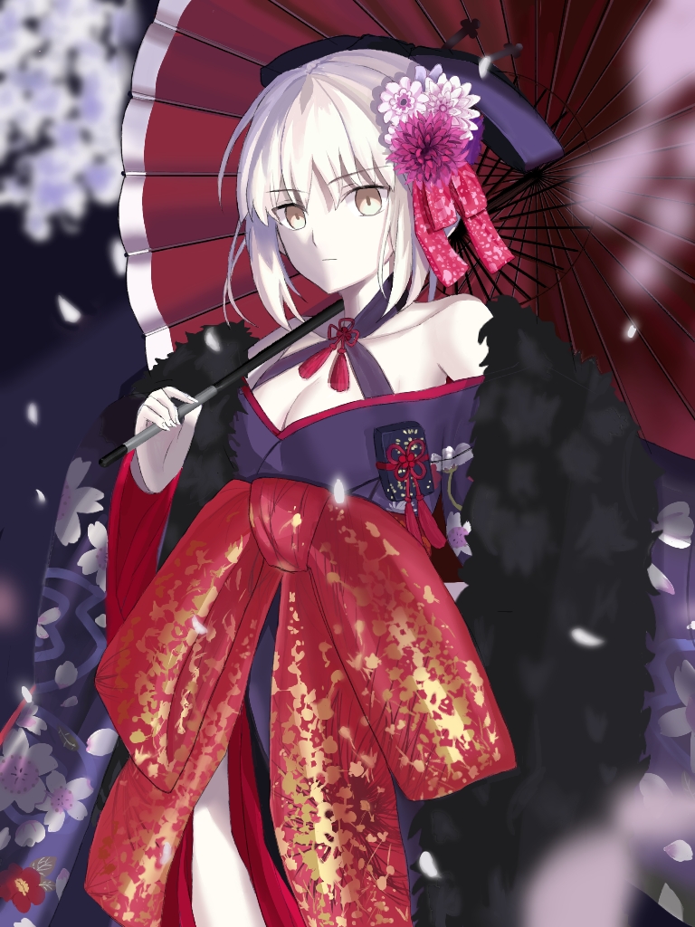 1girl artoria_pendragon_(all) bare_shoulders black_ribbon breasts expressionless fate/grand_order fate_(series) flower fur_coat hair_flower hair_ornament japanese_clothes kimono looking_at_viewer obi oriental_umbrella platinum_blonde_hair ribbon saber_alter sakurasakimasu4 sash solo umbrella yellow_eyes