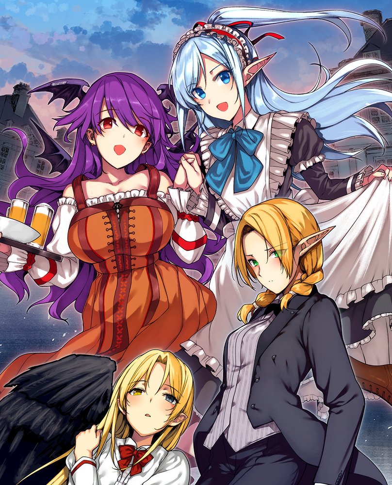 4girls :d alternate_costume apron bangs bare_shoulders black_jacket black_pants black_suit black_wings blonde_hair blue_bow blue_eyes blue_hair blush boots bow bowtie braid breasts character_request collarbone collared_shirt cup demon_wings dress drinking_glass enmaided evening eyebrows_visible_through_hair eyes_visible_through_hair feathered_wings forehead formal frilled_apron frilled_dress frilled_sleeves frills green_eyes half_updo hand_on_own_shoulder head_wings heterochromia himajin_maou_no_sugata_de_isekai_e holding holding_hand holding_tray jacket juliet_sleeves katsurai_yoshiaki large_breasts long_dress long_hair long_sleeves looking_at_viewer low_twintails maid maid_apron maid_headdress medium_breasts multiple_girls neck_ribbon novel_illustration off-shoulder_dress off_shoulder official_art open_clothes open_jacket open_mouth orange_dress pant_suit pants parted_bangs parted_lips pointy_ears puffy_sleeves purple_hair red_bow red_eyes reverse_trap ribbon ryue_(himajin_maou_no_sugata_de_isekai_e) shirt sidelocks single_wing skirt_hold smile suit swept_bangs tray twin_braids twintails wavy_hair white_shirt wings yellow_eyes