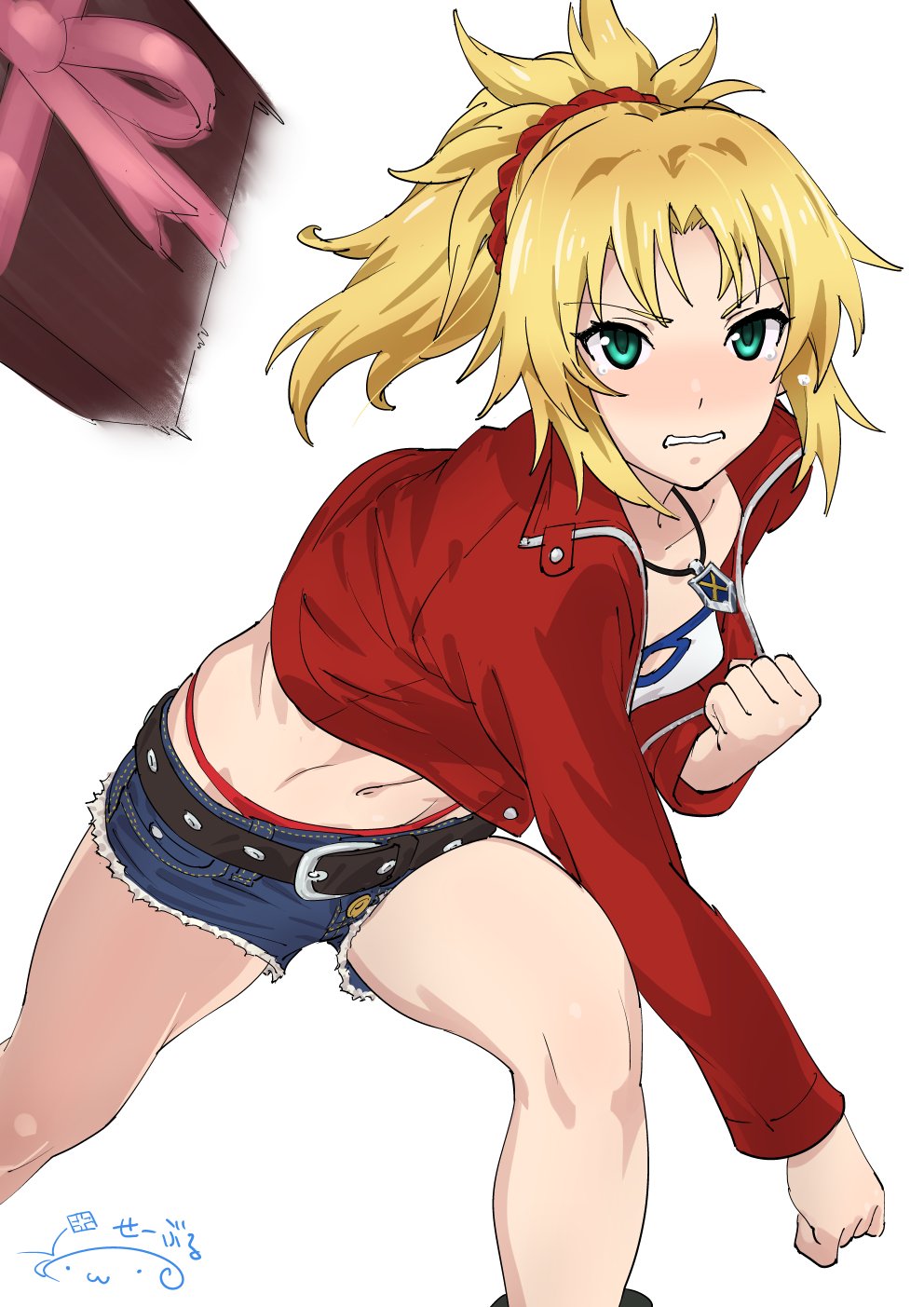 1girl belt blonde_hair blush clenched_hands cropped_jacket cutoff_jeans cutoffs denim denim_shorts fate/grand_order fate_(series) green_eyes highres jewelry mordred_(fate)_(all) navel necklace nose_blush panties pink_ribbon ponytail red_background red_panties red_scrunchie ribbon scrunchie shorts solo suna tearing_up throwing tsundere underwear valentine white_background