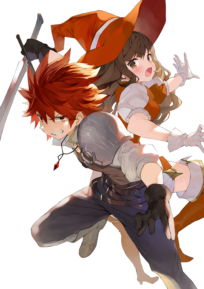 1boy 1girl back-to-back black_gloves blue_pants boots brown_eyes brown_hair eyebrows_visible_through_hair fighting_stance gloves grin highres holding holding_sword holding_weapon long_hair looking_at_viewer matsui_hiroaki open_mouth orange_footwear orange_headwear original pants shoulder_armor simple_background smile spaulders sword thigh-highs thigh_boots weapon white_background white_gloves