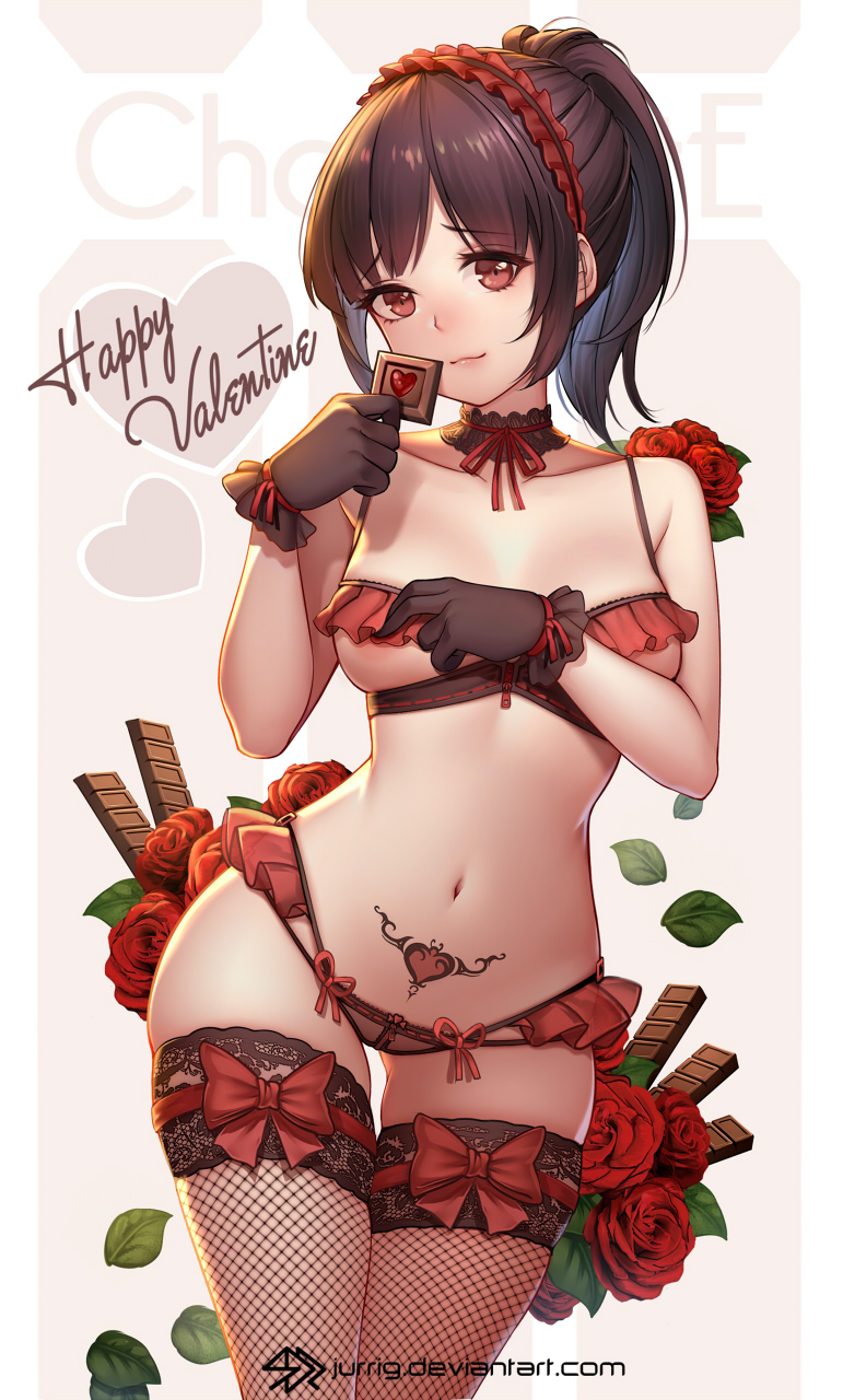 1girl bangs bare_shoulders black_gloves black_hair bow breasts chocolate collarbone commentary_request eyebrows_visible_through_hair fishnet_legwear fishnets flower gloves hair_ornament happy_valentine headdress highres jurrig lingerie long_hair looking_at_viewer medium_breasts navel original pantyhose ponytail pubic_tattoo red_bow red_flower red_ribbon red_rose ribbon rose smile solo tattoo thigh-highs underwear watermark web_address