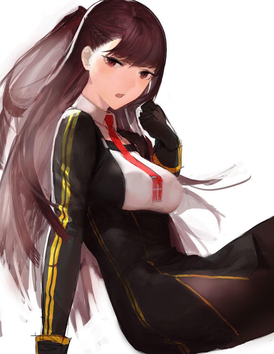 1girl amo_(silent_bomb19) black_dress black_gloves brown_hair brown_legwear collared_shirt dress from_side girls_frontline gloves hand_up long_hair long_sleeves looking_at_viewer looking_to_the_side necktie one_side_up open_mouth pantyhose red_eyes red_neckwear shirt short_dress simple_background sitting solo very_long_hair wa2000_(girls_frontline) white_background white_shirt wing_collar