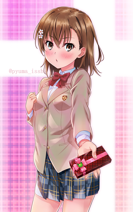 1girl blazer blue_shirt blush box brown_eyes brown_hair brown_jacket commentary_request contrapposto gift hair_ornament hairclip jacket looking_at_viewer misaka_mikoto plaid plaid_background plaid_skirt puma_(hyuma1219) red_neckwear school_uniform shirt short_hair skirt solo to_aru_kagaku_no_railgun to_aru_majutsu_no_index tokiwadai_school_uniform twitter_username