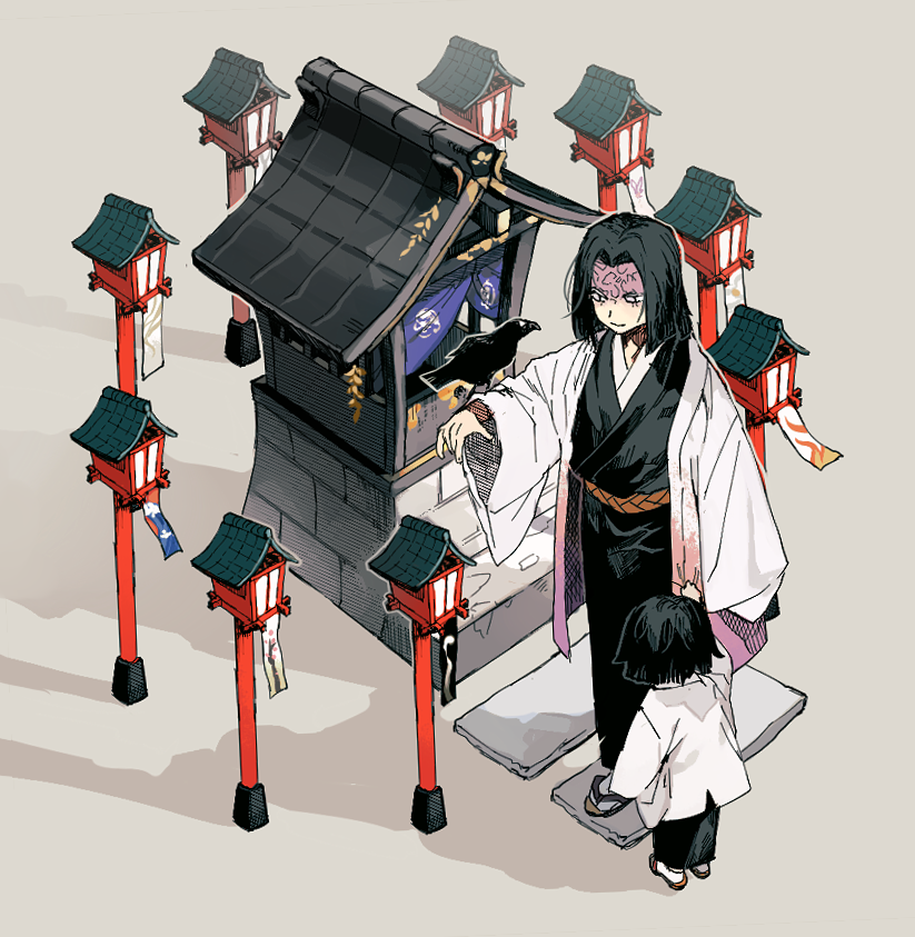 2boys animal_on_arm bird bird_on_arm black_hair black_kimono bob_cut child clothes_grab crow facial_scar facing_away father_and_son flip-flops from_above haori japanese_clothes kimetsu_no_yaiba kimono long_sleeves male_focus multiple_boys newo_(shinra-p) outstretched_arm sandals sash scar shadow shrine smile stairs standing tabi talisman ubuyashiki_kagaya ubuyashiki_kiriya