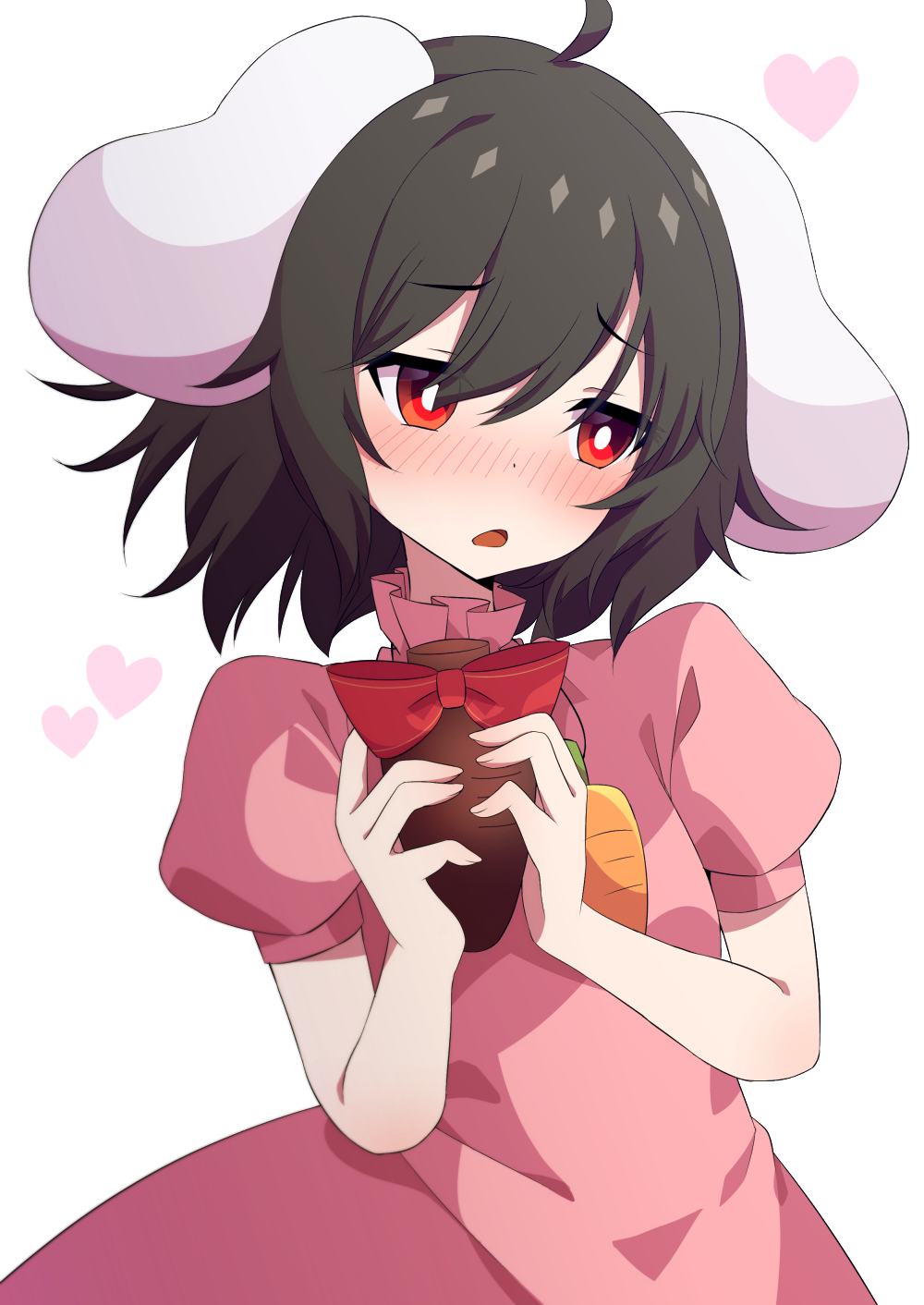 1girl ahoge animal_ears bangs black_hair blush bright_pupils chocolate contrapposto dress embarrassed eyebrows_visible_through_hair heart highres holding_chocolate inaba_tewi leaning_to_the_side looking_down looking_to_the_side open_mouth pink_dress puffy_short_sleeves puffy_sleeves rabbit_ears red_eyes short_hair short_sleeves simple_background solo standing touhou tsukimirin upper_body valentine white_background white_pupils