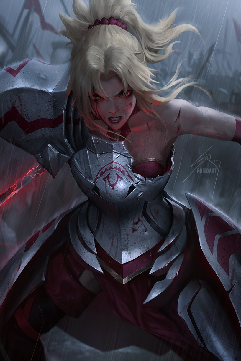 1girl armor bare_shoulders battle battlefield blonde_hair blood blood_on_face braid breastplate broken_armor clarent clenched_teeth cuts dress english_commentary fate/apocrypha fate/grand_order fate_(series) faulds french_braid hair_ornament hair_scrunchie highres injury mordred_(fate) mordred_(fate)_(all) pauldrons ponytail raikoart rain red_dress scrunchie sword teeth weapon yellow_eyes