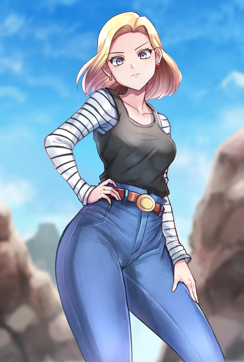 1girl android_18 belt belt_buckle blonde_hair blue_sky breasts buckle commentary_request denim dragon_ball dragon_ball_z forehead high-waist_pants highres jeans long_sleeves looking_at_viewer medium_breasts medium_hair pants red_earrings sky solo striped tank_top violet_eyes yasu_suupatenin