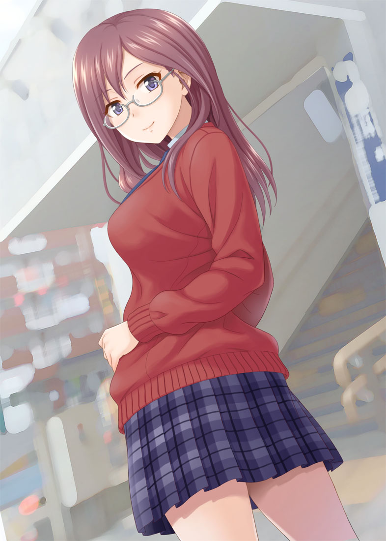 1girl blurry blurry_background commentary_request glasses hair_between_eyes hida_tatsuo idolmaster idolmaster_cinderella_girls idolmaster_cinderella_girls_starlight_stage looking_at_viewer looking_back medium_hair plaid plaid_skirt pleated_skirt purple_hair red_sweater school_uniform semi-rimless_eyewear skirt smile solo stairs sweater under-rim_eyewear violet_eyes yagami_makino