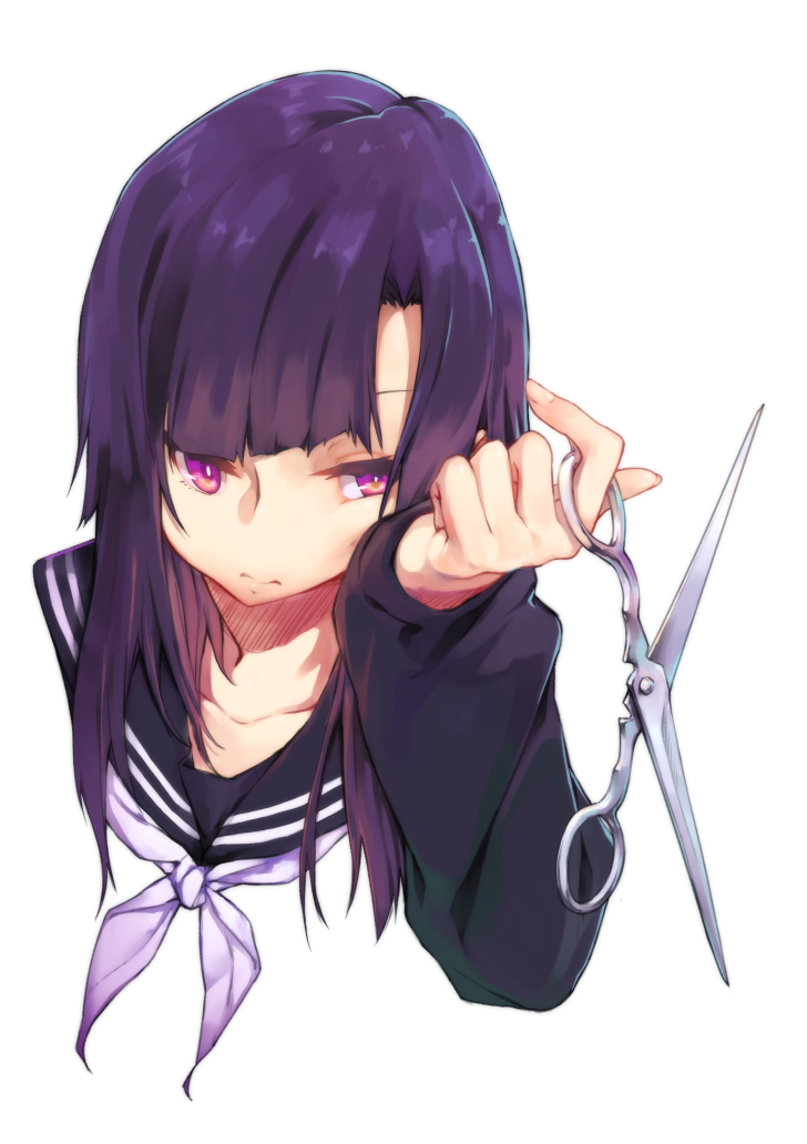 1girl closed_mouth collarbone face fingernails halfway holding holding_scissors long_hair original purple_hair school_uniform scissors simple_background sleeves_past_wrists solo violet_eyes white_background