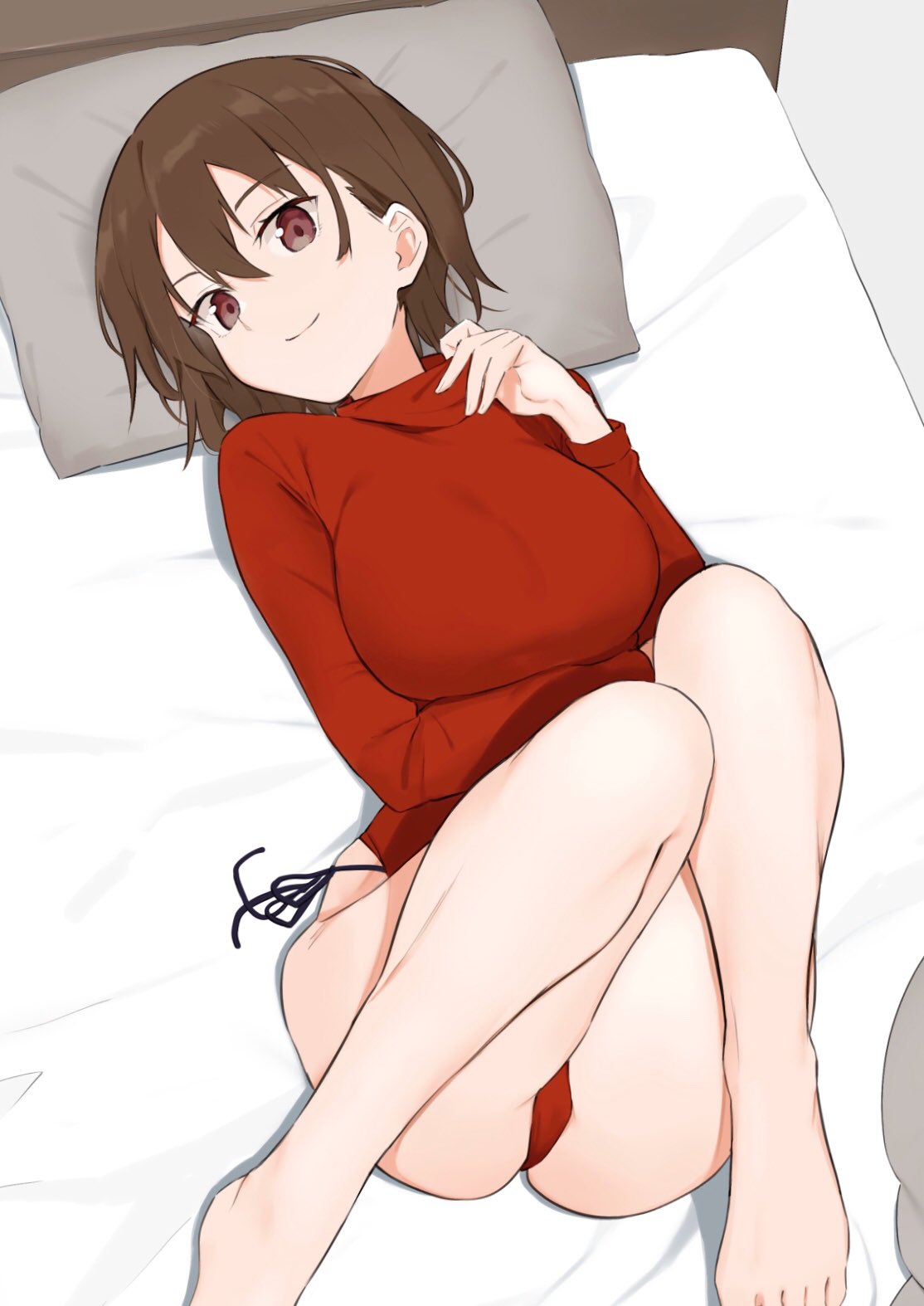 1girl bangs barefoot bed breasts brown_eyes brown_hair closed_mouth girls_und_panzer head_tilt highres large_breasts legs legs_up leotard long_sleeves looking_at_viewer lying muteki_soda nishizumi_maho on_back on_bed pillow red_leotard short_hair side-tie_leotard smile solo turtleneck_leotard