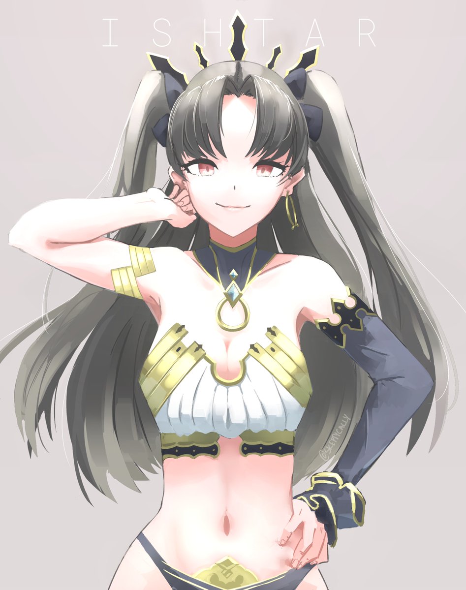 1girl armband black_hair breasts character_name cowboy_shot detached_sleeves earrings fate_(series) hand_in_hair hand_on_hip hoop_earrings ishtar_(fate)_(all) ishtar_(fate/grand_order) jewelry long_hair medium_breasts navel red_eyes single_arm_warmer skeptycally smile solo tan_background twintails