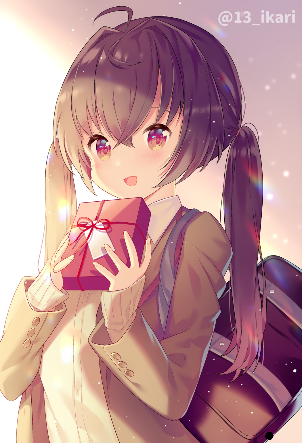 1girl :d ahoge bag bangs blazer blush box brown_cardigan brown_eyes brown_hair brown_jacket cardigan commentary_request eyebrows_visible_through_hair gift gift_box hair_between_eyes hands_up highres holding holding_gift ikari_(aor3507) jacket long_hair long_sleeves open_blazer open_clothes open_jacket open_mouth original school_bag school_uniform sleeves_past_wrists smile solo twintails twitter_username upper_body valentine