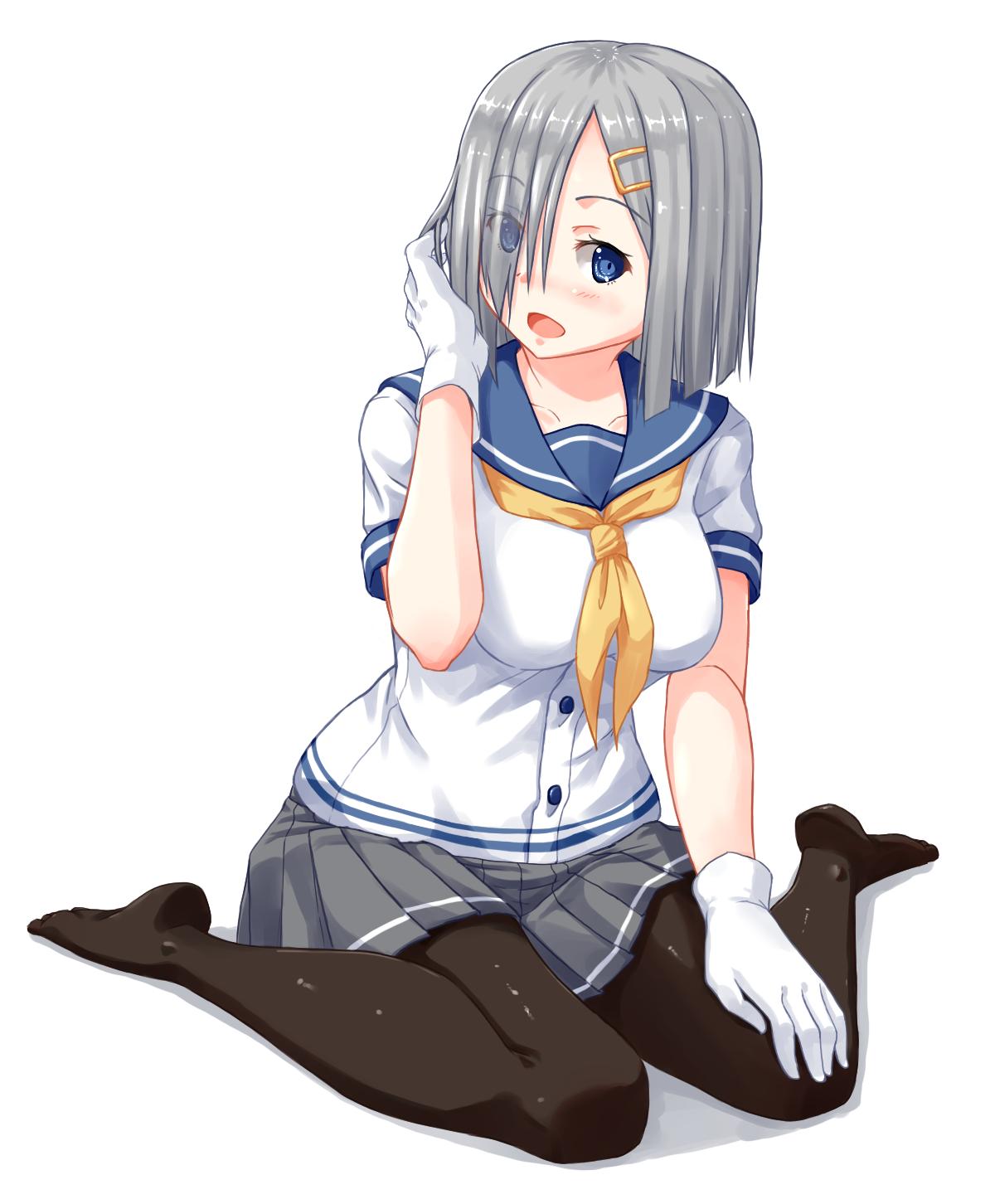 1girl black_legwear blouse blue_eyes blunt_ends bob_cut commentary eyebrows_visible_through_hair eyes_visible_through_hair full_body gloves grey_skirt hair_ornament hair_over_one_eye hairclip hamakaze_(kantai_collection) hand_in_hair hand_on_own_knee head_tilt highres izumo_konata kantai_collection looking_at_viewer miniskirt neckerchief open_mouth pantyhose pleated_skirt school_uniform serafuku short_hair short_sleeves silver_hair simple_background single_horizontal_stripe skirt smile solo white_background white_blouse white_gloves yellow_neckwear