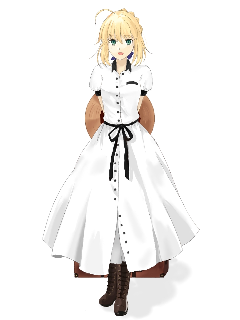 1girl ahoge alternate_costume arms_behind_back artoria_pendragon_(all) blush boots braid brown_footwear cross-laced_footwear fate/grand_order fate/stay_night fate_(series) french_braid green_eyes hair_ribbon hat lace-up_boots ribbon saber sakurasakimasu4 smile solo straw_hat suitcase white_background