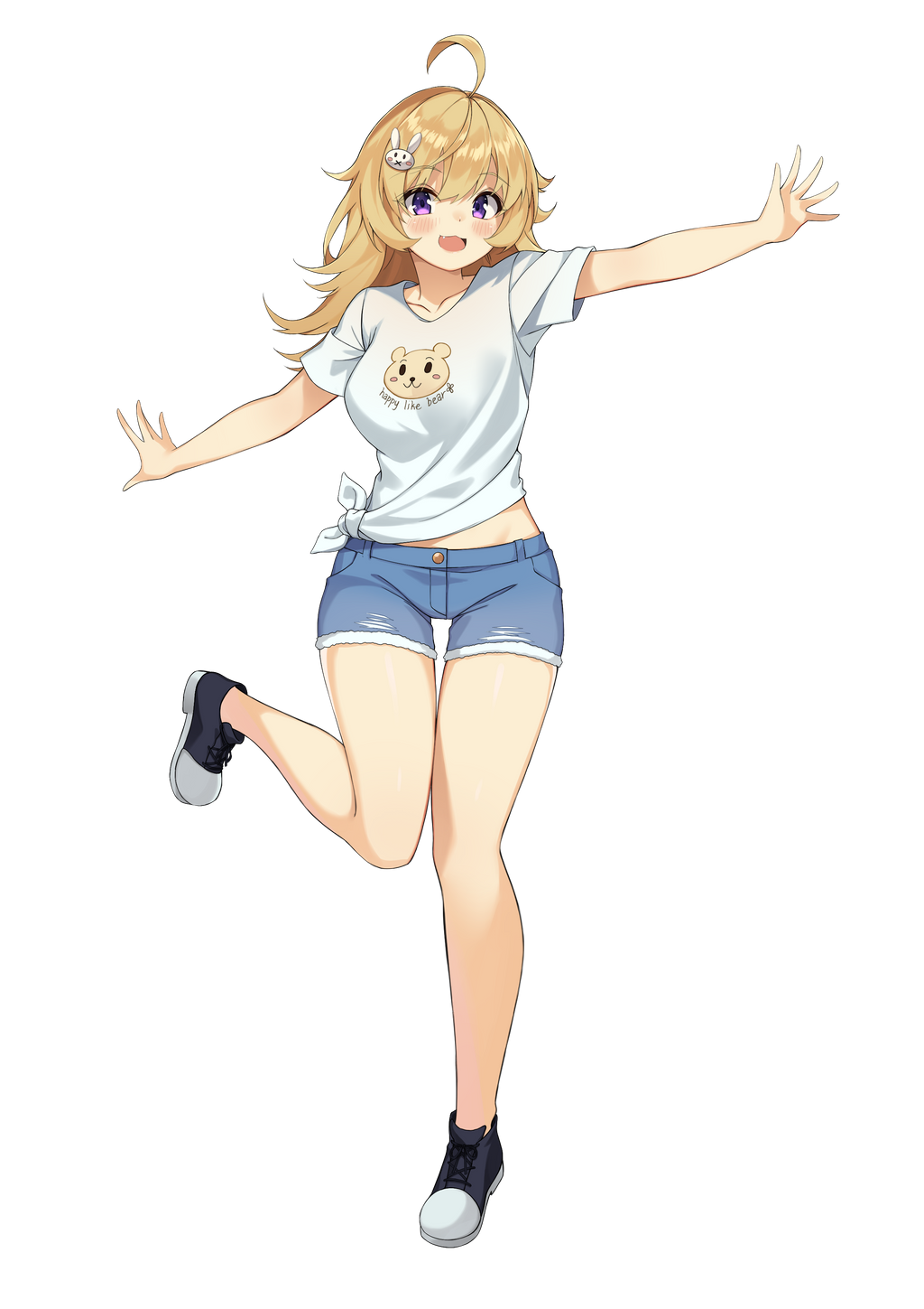 1girl :d ahoge bare_arms bare_legs blonde_hair blue_shorts breasts denim denim_shorts fang front-tie_top full_body hair_ornament highres leg_up long_hair looking_at_viewer medium_breasts midriff_peek open_mouth original outstretched_arms ryan_edian shirt shoes short_shorts short_sleeves shorts smile sneakers solo standing standing_on_one_leg thighs transparent_background violet_eyes white_shirt