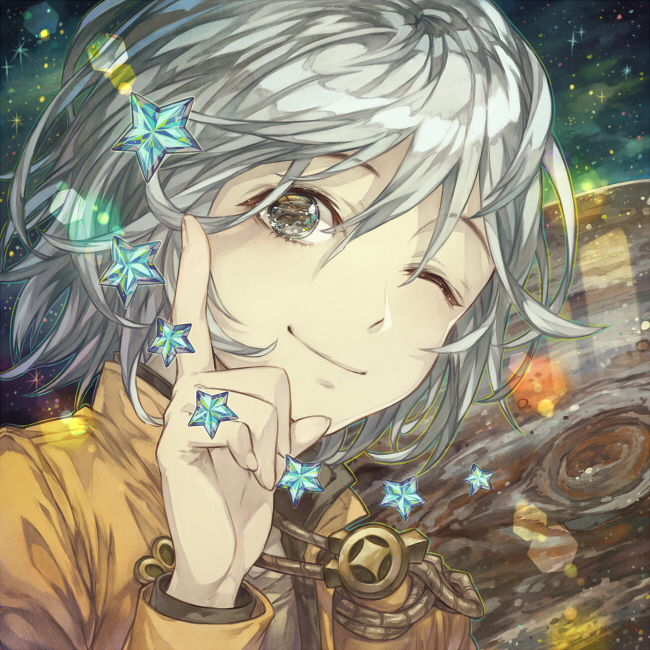 1boy ;) aiguillette bangs closed_mouth english_commentary index_finger_raised jari_(jyarijyari999) long_sleeves looking_at_viewer male_focus one_eye_closed original planet portrait reflective_eyes smile solo sparkle star white_hair