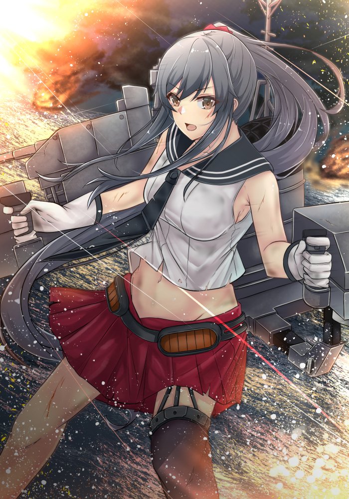 1girl anchor_symbol asymmetrical_legwear black_hair cannon commentary_request cowboy_shot firing garter_straps gloves kantai_collection long_hair looking_at_viewer machinery midriff muzzle_flash pleated_skirt ponytail red_eyes red_skirt school_uniform scrunchie serafuku shohei_(piranha5hk) sidelocks single_thighhigh skirt solo thigh-highs turret white_gloves yahagi_(kantai_collection)