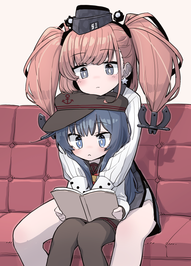 2girls :&lt; akatsuki_(kantai_collection) anchor anchor_hair_ornament anchor_symbol atlanta_(kantai_collection) bangs black_eyes black_headwear black_legwear blue_eyes blue_hair blush book brown_hair closed_mouth couch earrings eyebrows_visible_through_hair flat_cap garrison_cap hair_ornament hat headgear holding holding_book jewelry kantai_collection long_hair long_sleeves looking_at_viewer monaka_ooji multiple_girls on_lap pantyhose reading remodel_(kantai_collection) sailor_collar school_uniform serafuku simple_background single_earring sitting sitting_on_lap sitting_on_person star star_earrings two_side_up white_legwear